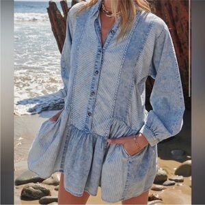 Promesa Blue Denim Babydoll Long Sleeve Mini Dress Size Small Flowy Boho